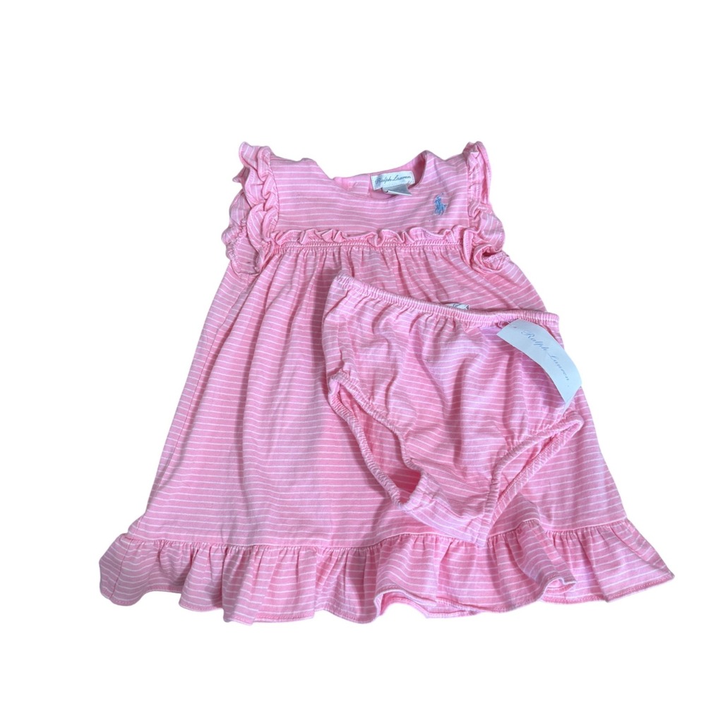 Ralph Lauren Dress Set Striped Ruffle 9M Pink New Pony Logo Diaper Cover